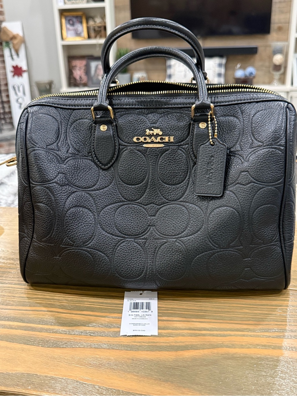 COACH Black Signature Embossed Leather Satchel Large NWT